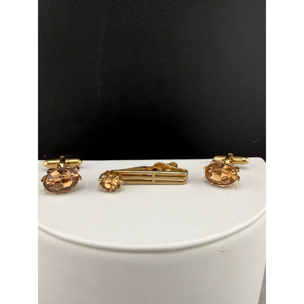 Vintage Swank Cufflink Tiebar Set Gold Tone Rhinestone Signed Men Accessory‎